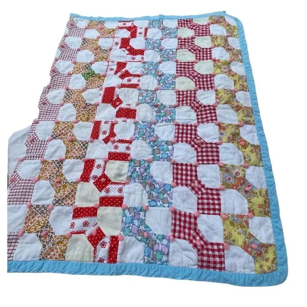 Vintage patchwork with Pom Pom baby blanket 35”X 52”